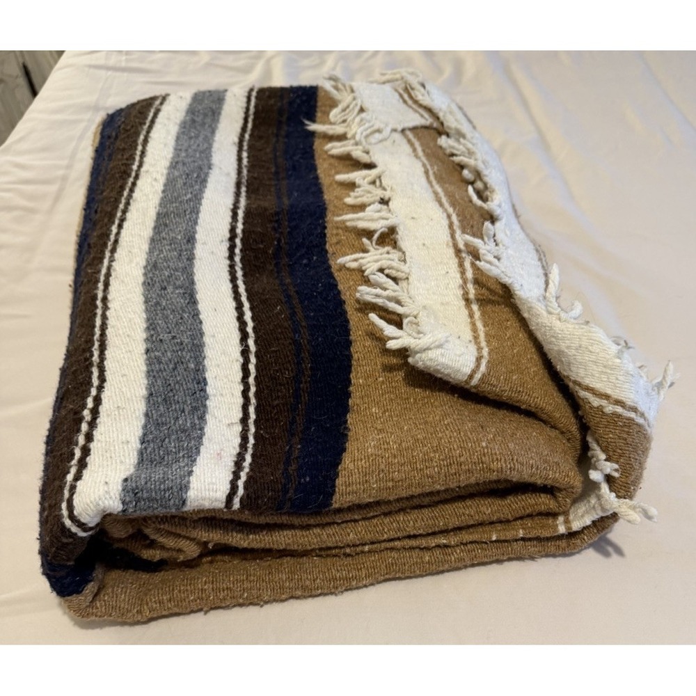 Vintage Mexican Wool Blanket With Fringe 54"X88" Earth Tones Neutral Colors